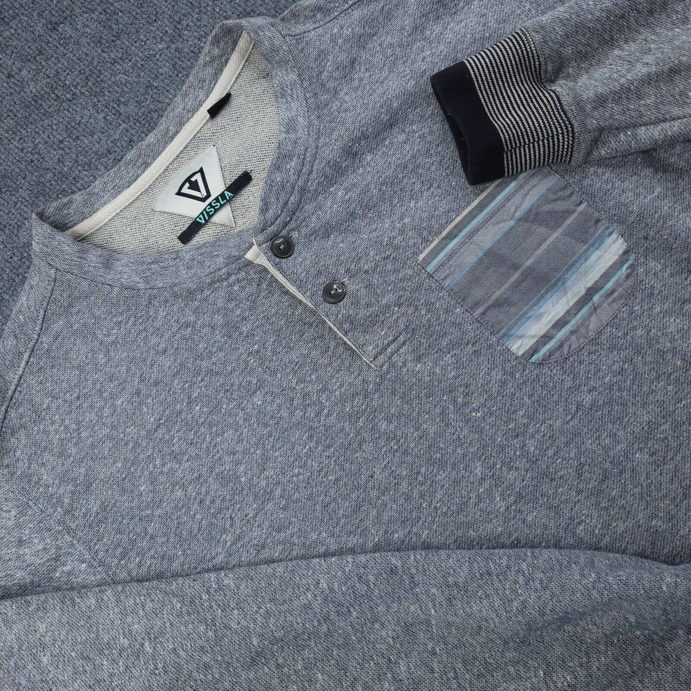 Vissla Sweater Mens Large Gray Henley Two Button Pocket Long Sleeve